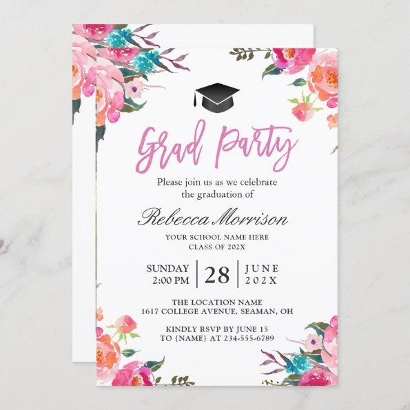 Watercolor Botanical Pink Floral Graduation Party Invitations