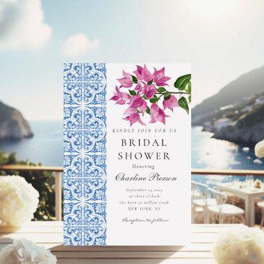 Watercolor Bougainvillea Blue tiles Bridal Shower Invitations