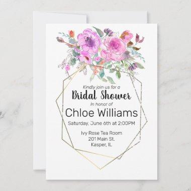 Watercolor Bouquet with Geometric Gold Frame Invitations