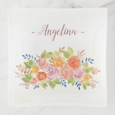 Watercolor Bouquet with Name Trinket Tray