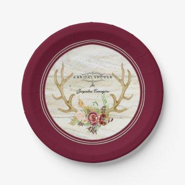 Watercolor  Boho Deer Antler Red Rose Paper Plates