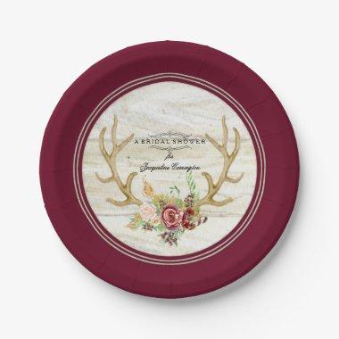 Watercolor Bridal Shower Boho Deer Antler Red Rose Paper Plates