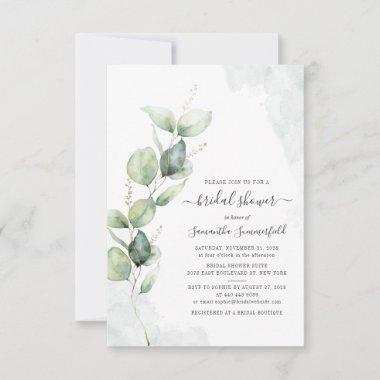 Watercolor Bridal Shower Eucalyptus Script Floral Invitations