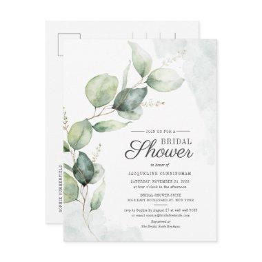 Watercolor Bridal Shower Eucalyptus Script Floral Invitation PostInvitations