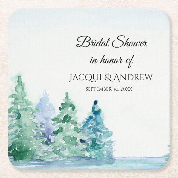 Watercolor Bridal Shower Mountain Pines Lakeside Square Paper Coaster