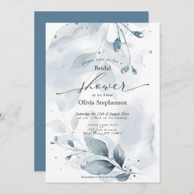 Watercolor Bridal Shower Rustic Blue Foliage In Invitations
