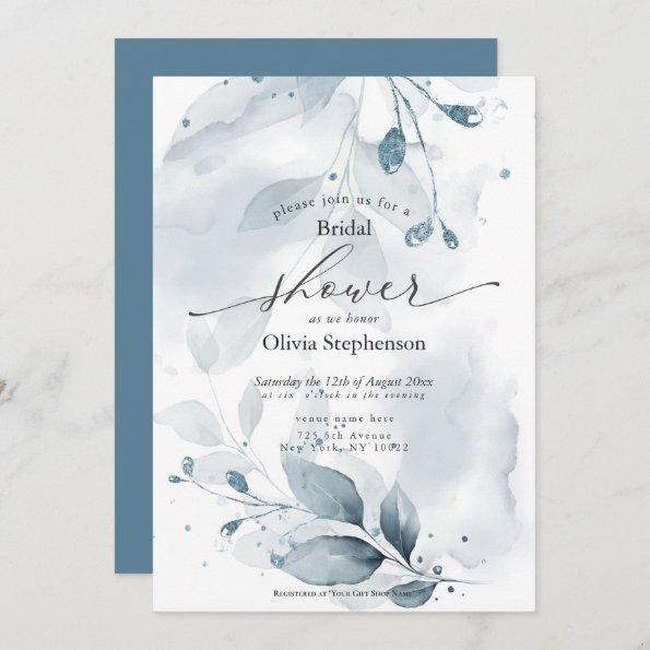 Watercolor Bridal Shower Rustic Blue Foliage In Invitations