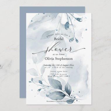 Watercolor Bridal Shower Rustic Blue Foliage Invitations
