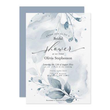 Watercolor Bridal Shower Rustic Blue Foliage Invitations