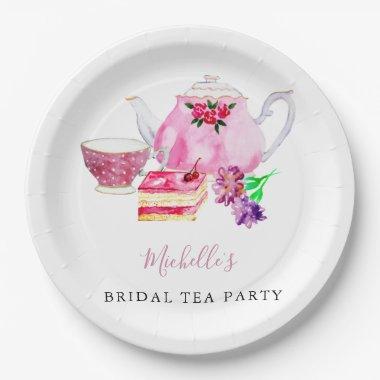 Watercolor Bridal Shower Tea Party Pink Teapot Paper Plates