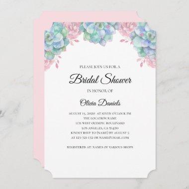 Watercolor Bridal Shower with blue pink succulents Invitations