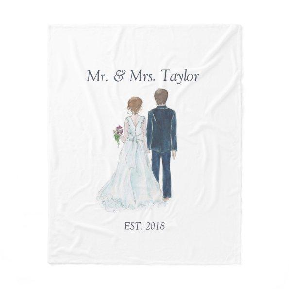 Watercolor Bride & Groom Newlywed Mr Mrs Wedding Fleece Blanket