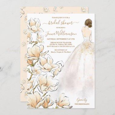Watercolor Brunette Bride Magnolia Bridal Shower Invitations