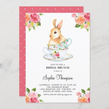 Watercolor Bunny on Teacups Floral Bridal Brunch Invitations