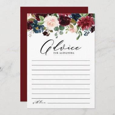 Watercolor Burgundy and Navy Flowers Bridal Shower Advice Card