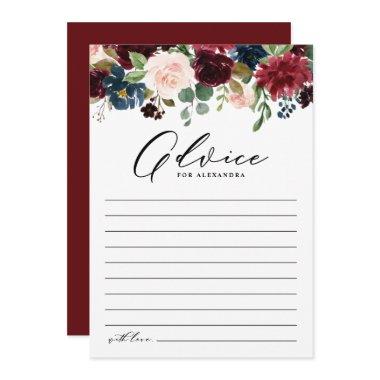 Watercolor Burgundy and Navy Flowers Bridal Shower Advice Card