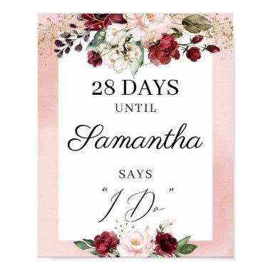 Watercolor burgundy blush pink countdown sign