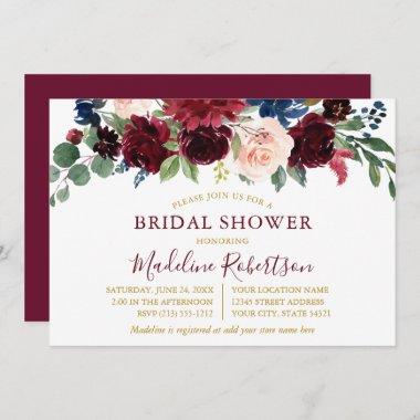 Watercolor Burgundy Floral Bridal Shower Gold Invitations