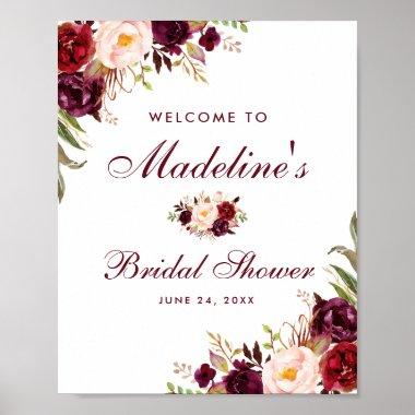 Watercolor Burgundy Floral Bridal Shower Welcome Poster