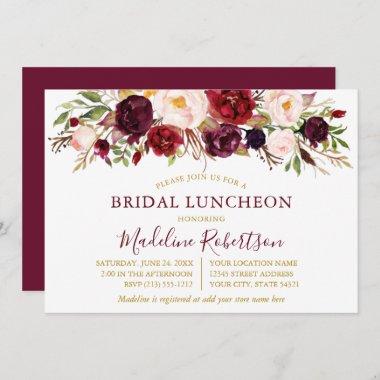 Watercolor Burgundy Floral Gold Bridal Luncheon Invitations