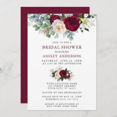 Watercolor Burgundy Floral Greenery Bridal Shower Invitations