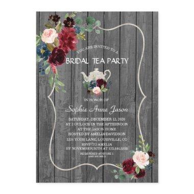 Watercolor Burgundy Flowers Wood Bridal Tea Party Invitations