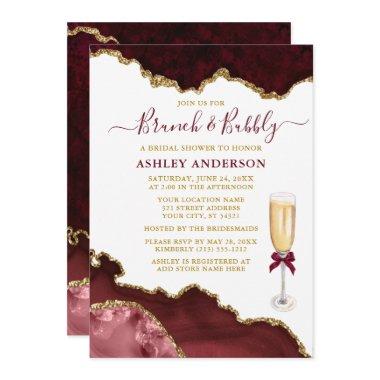 Watercolor Burgundy Gold Marble Bridal Brunch Invitations