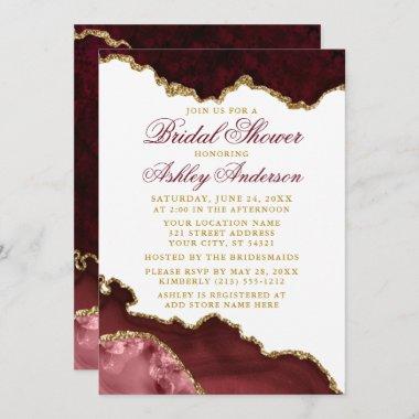 Watercolor Burgundy Gold Marble Bridal Shower Invitations