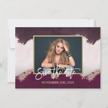 Watercolor Burgundy Gold Photo Bridal Shower Save The Date
