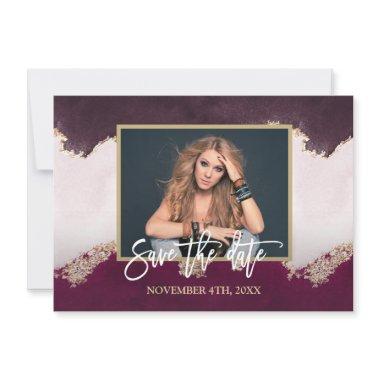 Watercolor Burgundy Gold Photo  Save The Date