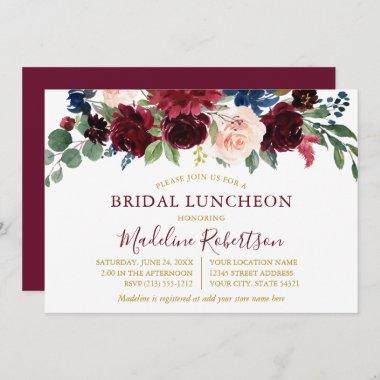Watercolor Burgundy Mixed Floral Bridal Lunch Gold Invitations
