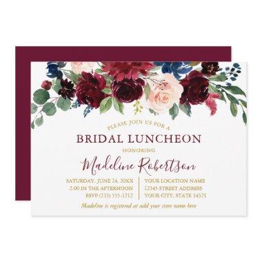 Watercolor Burgundy Mixed Floral Bridal Lunch Gold Invitations