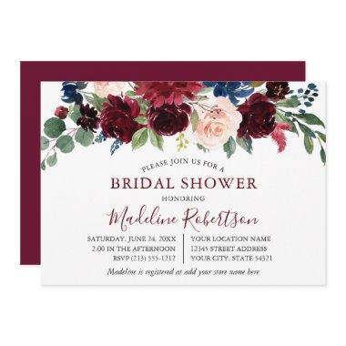 Watercolor Burgundy Mixed Floral Bridal Shower Invitations