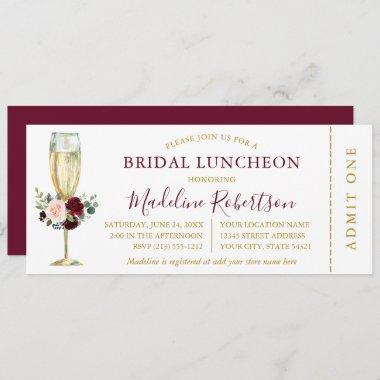 Watercolor Burgundy Mixed Floral Luncheon Ticket Invitations