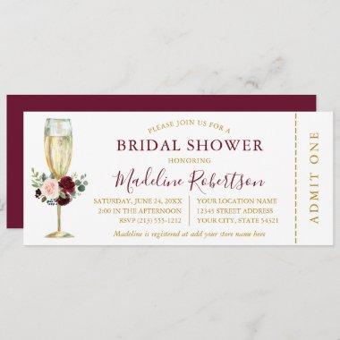 Watercolor Burgundy Mixed Floral Shower Ticket Invitations