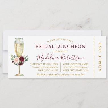 Watercolor Burgundy Pink Floral Luncheon Ticket Invitations