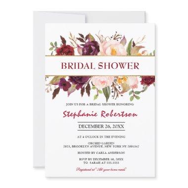 Watercolor Burgundy Red Floral Boho Bridal Shower Invitations