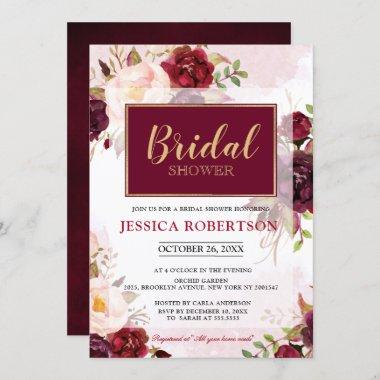 Watercolor Burgundy Red Floral Boho Bridal Shower Invitations