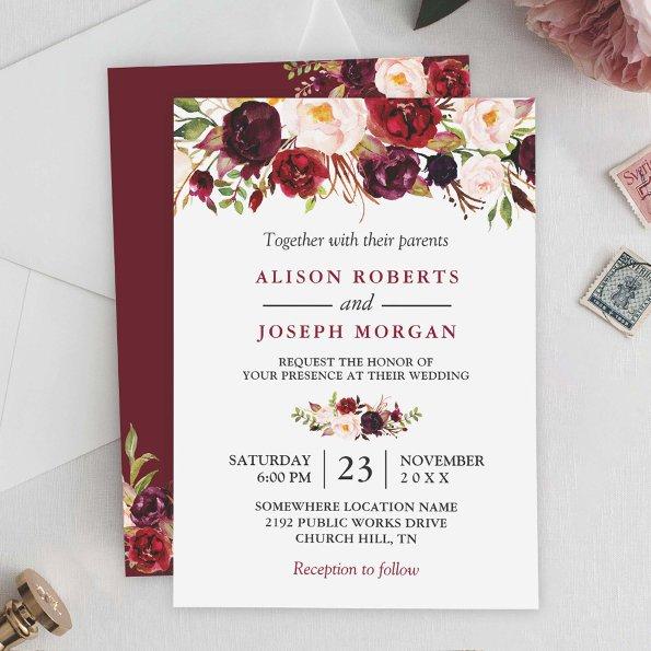 Watercolor Burgundy Red Floral Rustic Boho Wedding Invitations