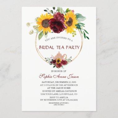 Watercolor Burgundy Sunflower Bridal Tea Party Invitations