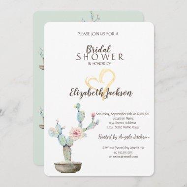 Watercolor Cactus Gold Heart Bridal Shower Invitations