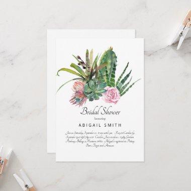 Watercolor Cactus Pink Floral White Bridal Shower Invitations