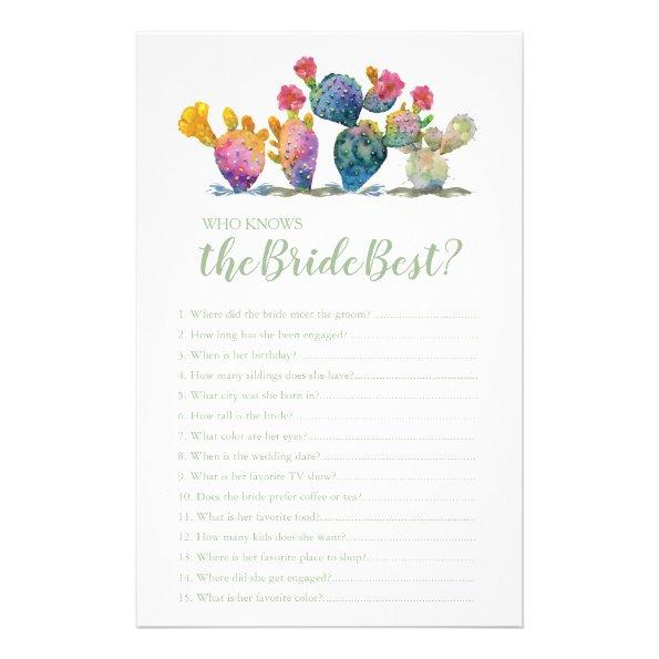 Watercolor Cactus Who Knows The Bride Best Game Flyer