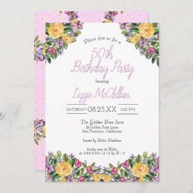 Watercolor Cascading Floral Bouquet Birthday Party Invitations