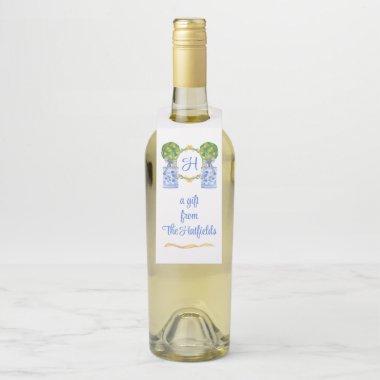 Watercolor Chinoiserie Citrus Topiary Monogram Bottle Hanger Tag