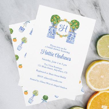 Watercolor Chinoiserie Citrus Topiary Monogram Invitations