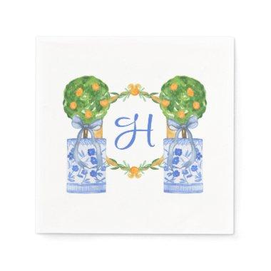 Watercolor Chinoiserie Citrus Topiary Monogram Napkins
