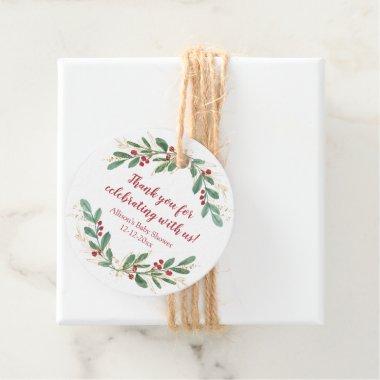 Watercolor Christmas red hollies gold green shower Favor Tags