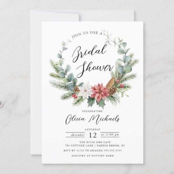 Watercolor Christmas Wreath Bridal Shower Invitations