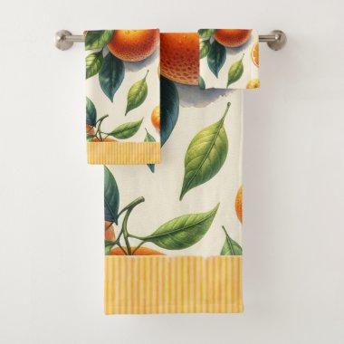 Watercolor Citrus Orange Leaves Wedding Bath Towel Set